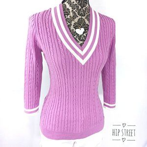 CHAPS CLASSICS Preppy V Neck Stripe Cable Knit Cotton Sweater M